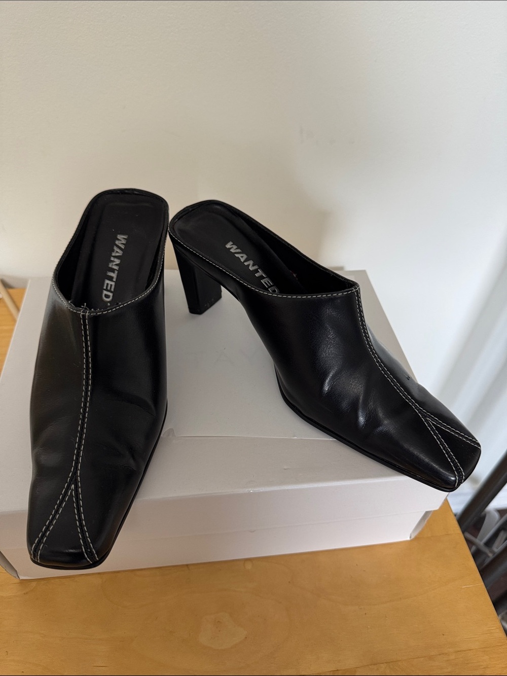 WANTED Black Leather Square-Toe Mule Heels with White Stitching